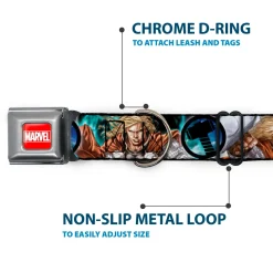 MARVEL UNIVERSE MARVEL Full Color Red White Seatbelt Buckle Collar - Astonishing Thor #3 Poses/Hammer Logo