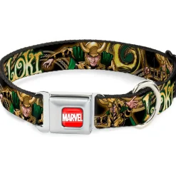 MARVEL UNIVERSE MARVEL Full Color Red White Seatbelt Buckle Collar - LOKI Poses Black/Gold/Green