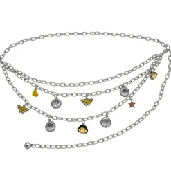 Metal Chain Belt - Silver Chain with Wonder Woman Chibi Face and Logo Charms