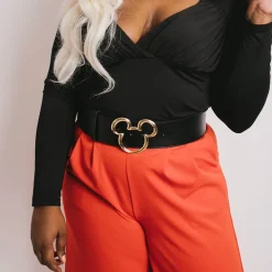 Mickey Ears Outline Gold Cast Buckle - Black PU Strap Belt