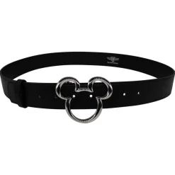 Mickey Ears Outline Silver Cast Buckle - 1.5 Inch Wide Black Vegan Leather Strap Belt