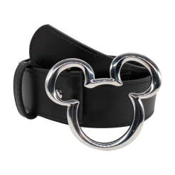 Mickey Ears Outline Silver Cast Buckle - 1.5 Inch Wide Black Vegan Leather Strap Belt