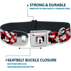 Mickey Mouse Face2 CLOSE-UP Full Color Red Black White Seatbelt Buckle Collar - Mickey Mouse Poses Scattered Red/Black/White