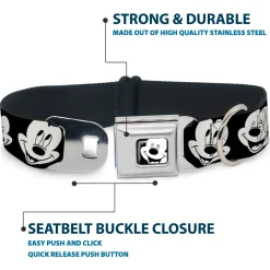 Mickey Mouse Face3 CLOSE-UP Full Color Black/White Seatbelt Buckle Collar - Mickey Mouse Expressions CLOSE-UP Black/White