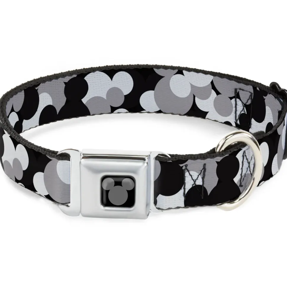 Mickey Mouse Head Silhouette Black Silver Seatbelt Buckle Collar - Mickey Mouse Head Stacked Black/Grays