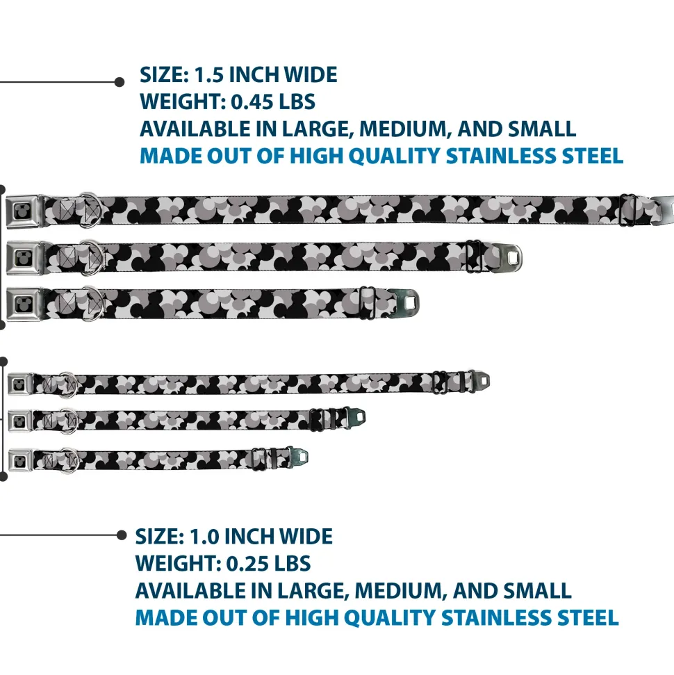 Mickey Mouse Head Silhouette Black Silver Seatbelt Buckle Collar - Mickey Mouse Head Stacked Black/Grays