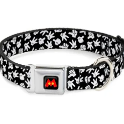 Mickey Mouse M Icon Full Color Black/Red/Yellow Seatbelt Buckle Collar - Mickey Mouse Hand Gestures2 Scattered Black/White