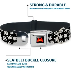 Mickey Mouse M Icon Full Color Black/Red/Yellow Seatbelt Buckle Collar - Mickey Mouse Hand Gestures2 Scattered Black/White