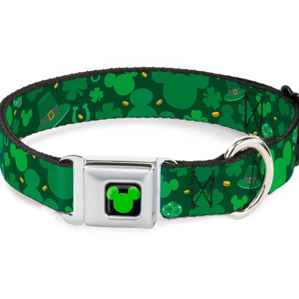 Mickey Silhouette Full Color Black Green Seatbelt Buckle Collar - St. Patrick's Day Mickey Collage Greens