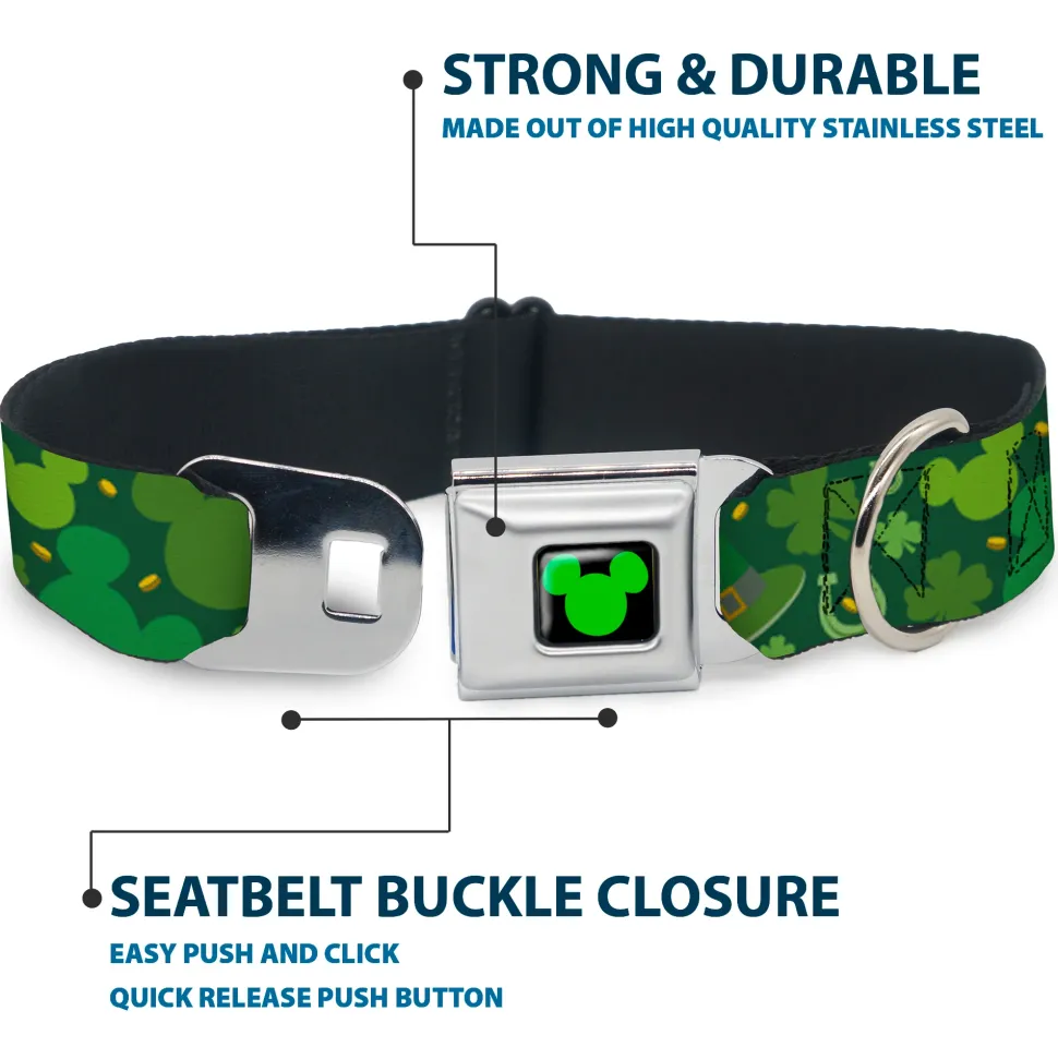 Mickey Silhouette Full Color Black Green Seatbelt Buckle Collar - St. Patrick's Day Mickey Collage Greens
