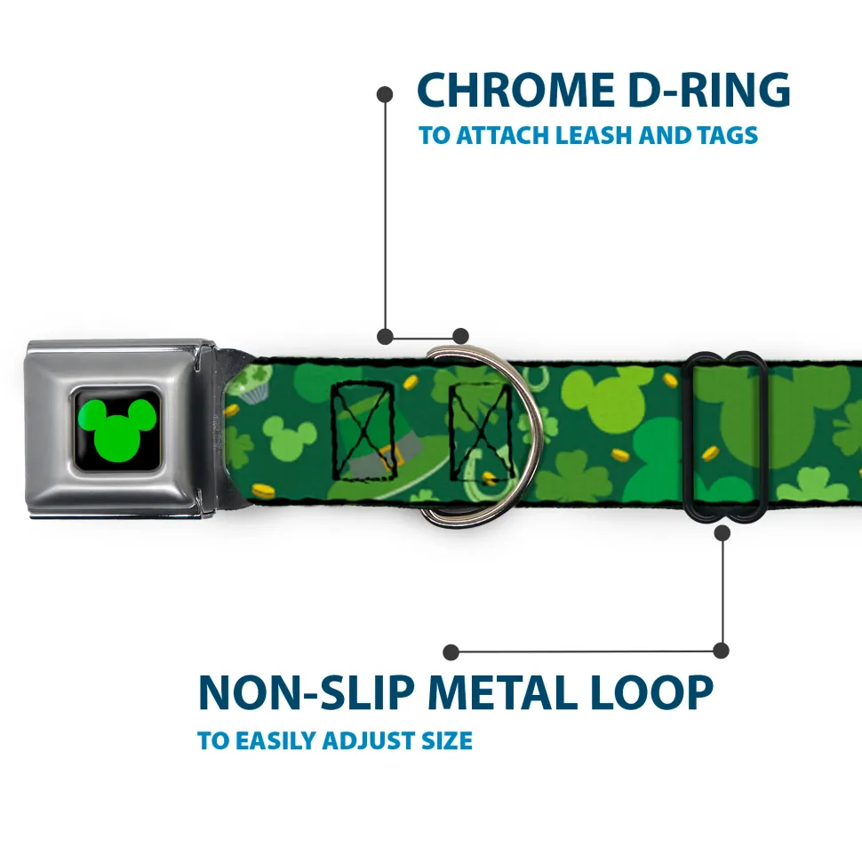 Mickey Silhouette Full Color Black Green Seatbelt Buckle Collar - St. Patrick's Day Mickey Collage Greens