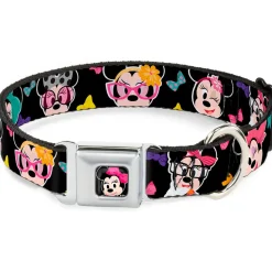 Mini Minnie Mouse Face CLOSE-UP Full Color Black Seatbelt Buckle Collar - Mini Minnie Expressions/Bows Black/Multi Color