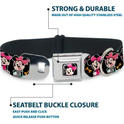 Mini Minnie Mouse Face CLOSE-UP Full Color Black Seatbelt Buckle Collar - Mini Minnie Expressions/Bows Black/Multi Color