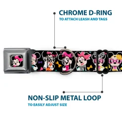 Mini Minnie Mouse Face CLOSE-UP Full Color Black Seatbelt Buckle Collar - Mini Minnie Expressions/Bows Black/Multi Color