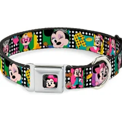 Mini Minnie Mouse Face CLOSE-UP Full Color Black Seatbelt Buckle Collar - Mini Minnie Fashion Poses/Polka Dot Black/White/Multi Color