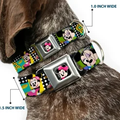 Mini Minnie Mouse Face CLOSE-UP Full Color Black Seatbelt Buckle Collar - Mini Minnie Fashion Poses/Polka Dot Black/White/Multi Color