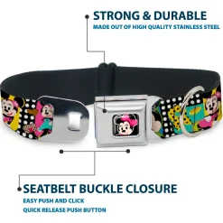 Mini Minnie Mouse Face CLOSE-UP Full Color Black Seatbelt Buckle Collar - Mini Minnie Fashion Poses/Polka Dot Black/White/Multi Color