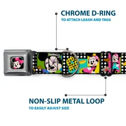 Mini Minnie Mouse Face CLOSE-UP Full Color Black Seatbelt Buckle Collar - Mini Minnie Fashion Poses/Polka Dot Black/White/Multi Color