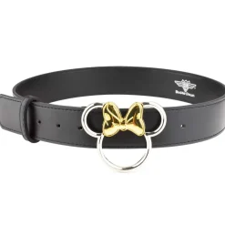 Minnie Mouse Ears w/Bow Outline Silver/Gold Cast Buckle - Black PU Strap Belt