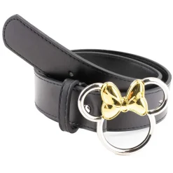 Minnie Mouse Ears w/Bow Outline Silver/Gold Cast Buckle - Black PU Strap Belt