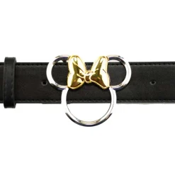 Minnie Mouse Ears w/Bow Outline Silver/Gold Cast Buckle - Black PU Strap Belt