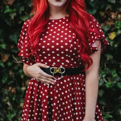 Minnie Mouse Ears w/Bow Outline Silver/Gold Cast Buckle - Black PU Strap Belt