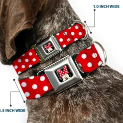Minnie Mouse w Bow CLOSE-UP Full Color Black Red White Seatbelt Buckle Collar - Minnie Mouse Polka Dots Red/White