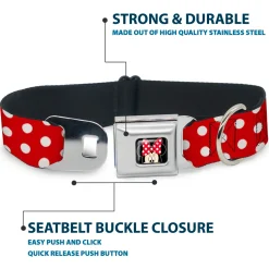 Minnie Mouse w Bow CLOSE-UP Full Color Black Red White Seatbelt Buckle Collar - Minnie Mouse Polka Dots Red/White