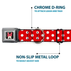 Minnie Mouse w Bow CLOSE-UP Full Color Black Red White Seatbelt Buckle Collar - Minnie Mouse Polka Dots Red/White