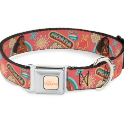MOANA Title Logo Full Color Beige/Coral Seatbelt Buckle Collar - Moana Pose and Icons Collage Pink