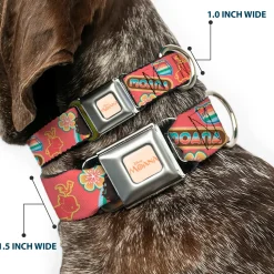 MOANA Title Logo Full Color Beige/Coral Seatbelt Buckle Collar - Moana Pose and Icons Collage Pink