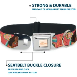 MOANA Title Logo Full Color Beige/Coral Seatbelt Buckle Collar - Moana Pose and Icons Collage Pink