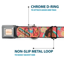 MOANA Title Logo Full Color Beige/Coral Seatbelt Buckle Collar - Moana Pose and Icons Collage Pink