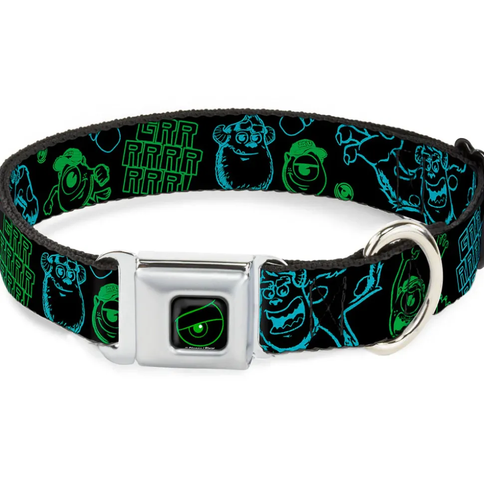 Monsters Eye Full Color Black/Neon Green Seatbelt Buckle Collar - Monsters Inc. Sully & Mike Poses/GRRRRR! Black/Turquoise/Green