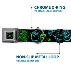 Monsters Eye Full Color Black/Neon Green Seatbelt Buckle Collar - Monsters Inc. Sully & Mike Poses/GRRRRR! Black/Turquoise/Green