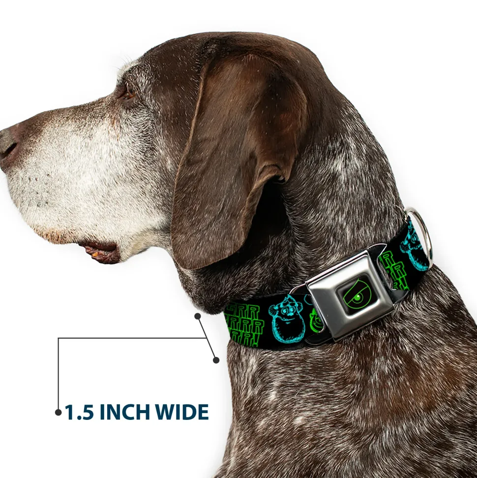 Monsters Eye Full Color Black/Neon Green Seatbelt Buckle Collar - Monsters Inc. Sully & Mike Poses/GRRRRR! Black/Turquoise/Green
