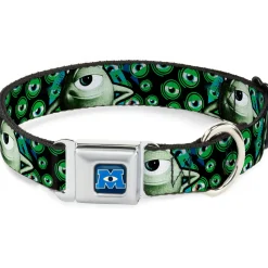 Monsters University Logo Full Color Blue White Seatbelt Buckle Collar - Mike Poses/Eyeballs Black/Greens
