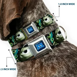 Monsters University Logo Full Color Blue White Seatbelt Buckle Collar - Mike Poses/Eyeballs Black/Greens