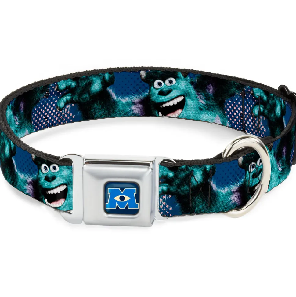 Monsters University Logo Full Color Blue White Seatbelt Buckle Collar - Sulley Scare Pose/Dots Blues/White