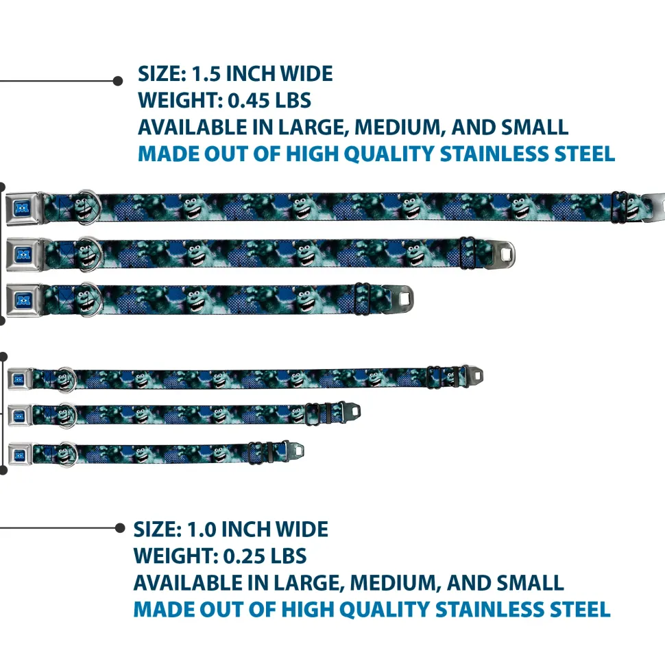 Monsters University Logo Full Color Blue White Seatbelt Buckle Collar - Sulley Scare Pose/Dots Blues/White