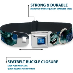 Monsters University Logo Full Color Blue White Seatbelt Buckle Collar - Sulley Scare Pose/Dots Blues/White