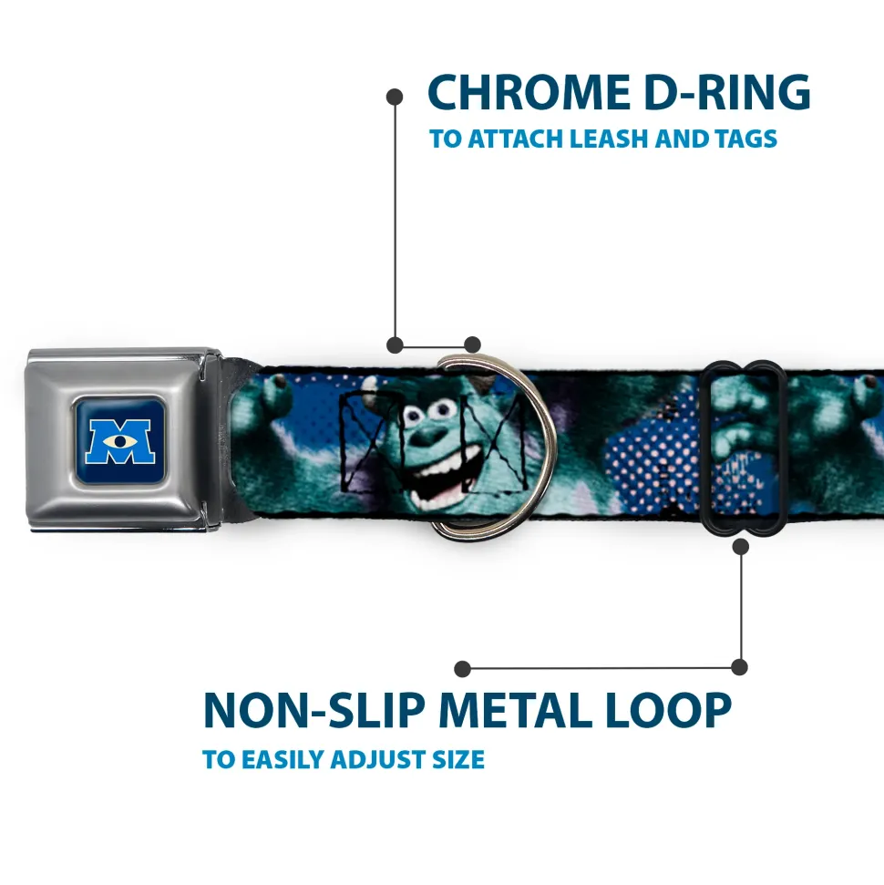 Monsters University Logo Full Color Blue White Seatbelt Buckle Collar - Sulley Scare Pose/Dots Blues/White