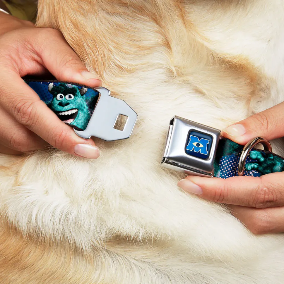 Monsters University Logo Full Color Blue White Seatbelt Buckle Collar - Sulley Scare Pose/Dots Blues/White