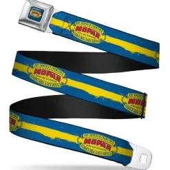 MOPAR 1937-1947 Logo Full Color Blue Yellow Red Seatbelt Belt - MOPAR 1937-1947 Logo-USE CHRYSLER ENGINEERED MOPAR PARTS AND ACCESSORIES/Paint Stripe Blue/Yellow/Red Webbing