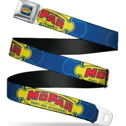 MOPAR 1937-1947 Logo Full Color Blue/Yellow/Red Seatbelt Belt - MOPAR 1937-1947 Logo-USE CHRYSLER ENGINEERED MOPAR PARTS AND ACCESSORIES Blue/Yellow/Red Webbing