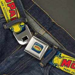 MOPAR 1937-1947 Logo Full Color Blue/Yellow/Red Seatbelt Belt - MOPAR 1937-1947 Logo-USE CHRYSLER ENGINEERED MOPAR PARTS AND ACCESSORIES Blue/Yellow/Red Webbing