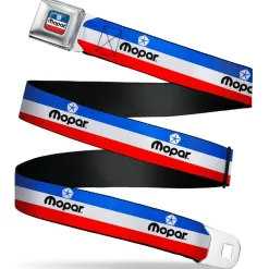 MOPAR Chrysler Logo Full Color White/Blue/Red/Black Seatbelt Belt - MOPAR Logo/Stripe Blue/White/Red Webbing