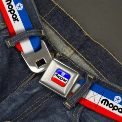 MOPAR Chrysler Logo Full Color White/Blue/Red/Black Seatbelt Belt - MOPAR Logo/Stripe Blue/White/Red Webbing