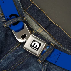 MOPAR Logo Full Color Black White Seatbelt Belt - MOPAR Text/Logo Blue/Black Webbing