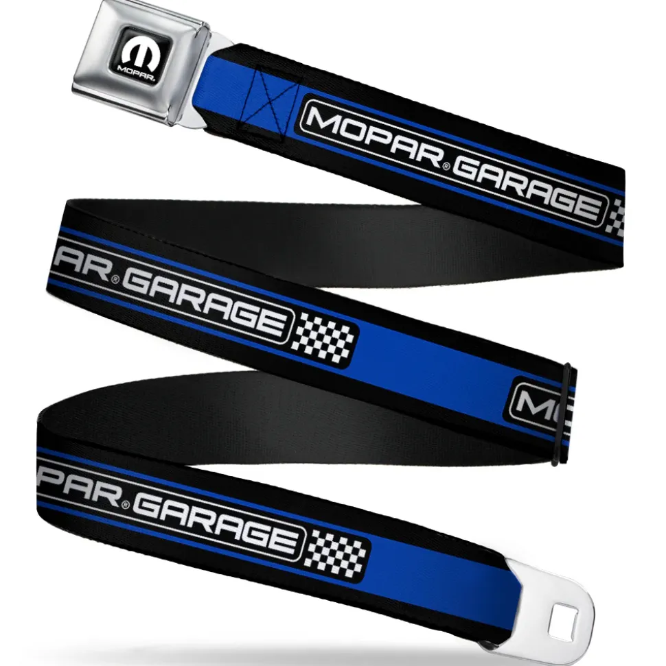 MOPAR Logo Full Color Black White Seatbelt Belt - MOPAR GARAGE Checker Logo/Stripe Black/Blue/White Webbing